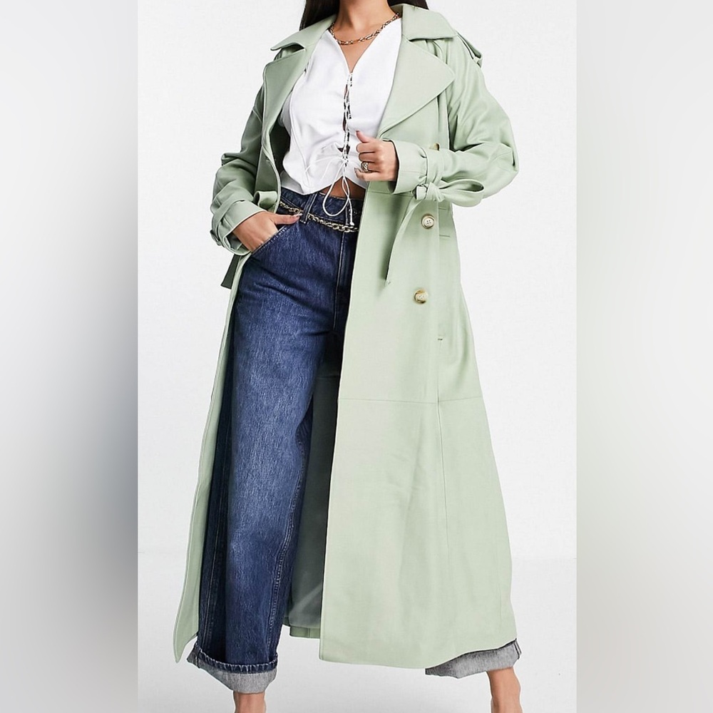 Sage Green Leather Trench Coat